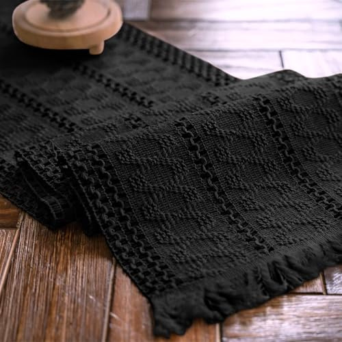 Macrame Table Runner Pure Black Boho Table Runners with Tassels 12x36in