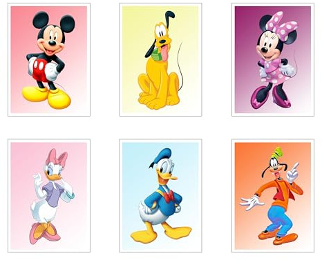 DKORARTE Set mit 6 Holzbildern, Dekoration für modernes Wohnzimmer, Schlafzimmer, Kinderzimmer, Mickey, Daisy, Pluto, Goofy, Donald, Minnie, mit Metallaufhängern (38 x 29 cm pro Bild)