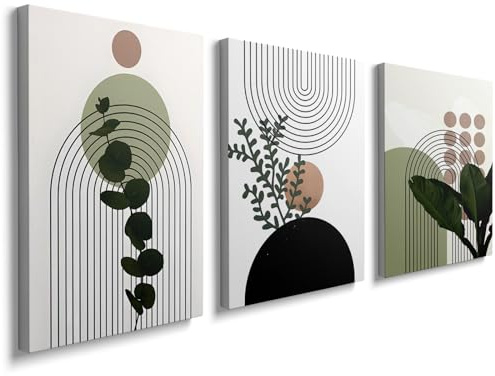 prinfantasy Wooden Framed Aesthetic Green Plant Canvas Wall Art Prints Geometric Bohemian Poster Painting Picture for Living Room Bedroom Hallway Home Wall Decor 90x40cm (12x16x3pcs) GBYH0903