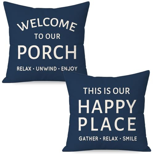 HERHOME Outdoor Farmhouse Decorative Throw Pillow Covers 18x18 Inch Set of 2 Welcome to Our Porch This is Our Happy Place Relax Blue Cushion Case Decoration for Patio Furniture Couch Decor