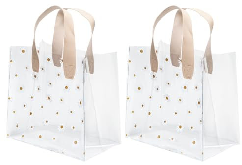 2 Stück Durchsichtige Geschenktüten mit Griffen, PVC Plastik Partytüten, PVC Geschenktaschen mit Gänseblümchen-Muster für Boutique, Partygeschenke, Hochzeit, Geburtstag