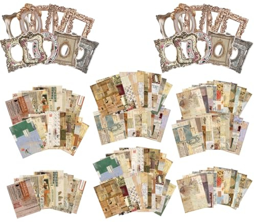 DKDDSSS 130 Stk 14x10cm Scrapbooking Papier Deko mit mini Fotorahmen, Vintage Scrapbook Papier, Bastelpapier Dekopapier Designpapier Scrapbook Zubehör für Fotoalbum Tagebuch Notizbuch DIY Kunst
