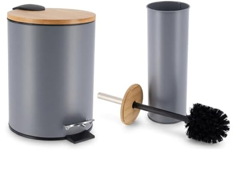 LiKeKa® Badaccessoire-Set 2-teilig – Toilettenbürste & Kosmetikeimer mit Absenkautomatik für Bad & Gäste – Mattes Design & Bambusdeckel – Soft-Close-Technologie (Grau)