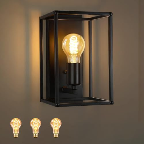 Homefire Wandleuchte Innen Wandlampe Schwarz Wandbeleuchtung Vintage | Schlafzimmer Treppenhaus Beleuchtung Flurlampe Mit 3 austauschbarem E27-Leuchtmittel Metall Industrial Style Wohnzimmer Küche