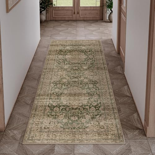 HUGEAR Vintage Teppich Läufer Flur 60x180cm Grün Waschbar | Waschbarer Teppich, Rutschfest Weich, Kurzflor Retro, für Vorzimmer, Schlafzimmer Küche, Brücken Hallway, Carpet