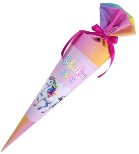 Schultüte aus Stoff mit Papprohling und Schultütenkissen Set Schulkind 2025 Kuschel Velvet 70 cm (Einhorn)