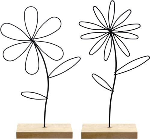 HENGBIRD Aufsteller Blume 2er Set Premium Metall-Blume auf Holz-Sockel, Dekoaufsteller Blumen Arrangement Ornamente, Metallring Blumen Dekoring, Deko-Blumes aus Metall zum Hinstellen und Verschenken