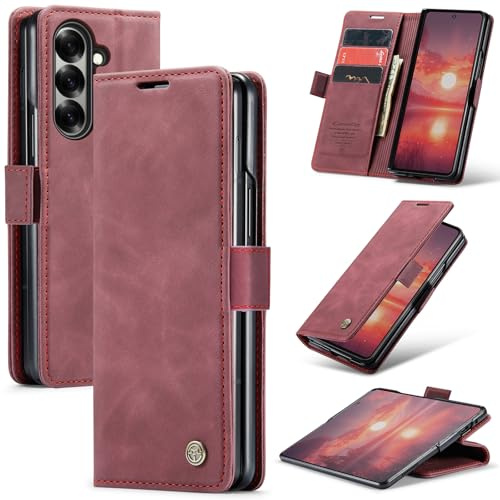 Cracedily Wallet Case for Samsung Galaxy Z Fold 7 Leather Wallet Flip Cover with Card Holder, Kickstand, Magnetic Closure, RFID Blocking TPU Shockproof Phone Case Compatible with Galaxy Fold 7, Red