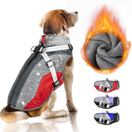 Nasjac Winter Hundemantel mit abnehmbarem Geschirr, wasserdichte Fleece warm hundejacke für kleine mittlere große Hunde, reflektierende einstellbare pelzige Hundekleidung Outdoor Hunter Weste