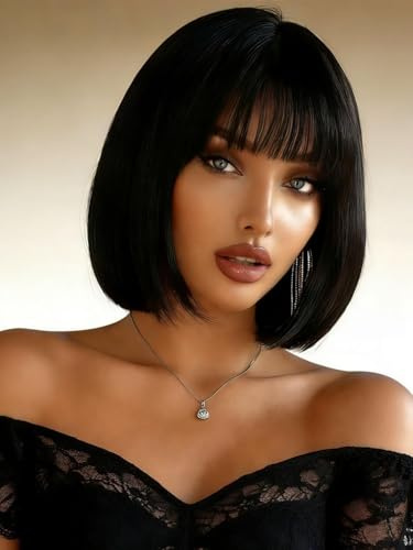 Webshaiy Perücke Damen Glatte Bob Perücken mit Pony, Kurze Schwarze Perücke mit Kopfhaut nachahmen Perrücke für Frauen, Natural Synthetic Hair Wig for Women Täglich Kostüm Party Cosplay Halloween