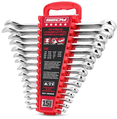 15-Piece SAE Combination Wrench Set, 1/4''–1'' 12-Point Open End and Box End Wrench Kit with Organizer, Chrome Vanadium Steel Tools for Mechanics, Garages and Workshops