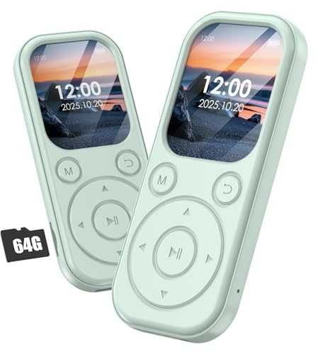 Olycism Lecteur MP3 64 Go avec Bluetooth 5.3 Lecteur de Musique Portable avec qualité sonore HiFi et Radio FM Batterie de 300 mAh Comprend des Haut-parleurs intégrés adapté au Sport,aux Voyages Vert