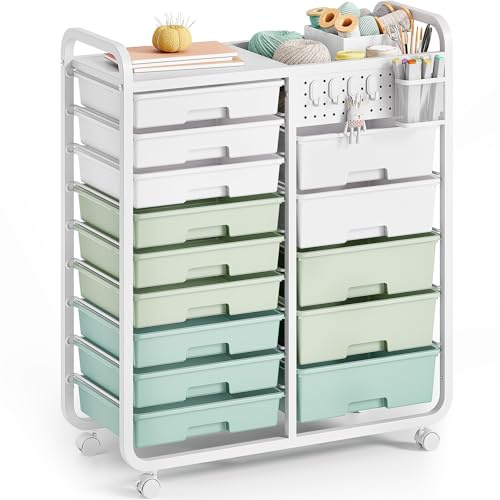 KINGRACK Rollcontainer mit 14 Schubladen, Arbeitsplatte, DIY-Stecktafel, Hängekorb und 4 Haken – Schubladenschrank Ideal für Büros, Wohnungen, Schulen, Klassenzimmer und Bastelbedarf (Grün)