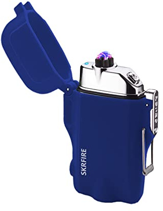 SKRFIRE Encendedor resistente al viento, encendedor eléctrico de doble arco con linterna LED, encendedores USB recargables sin llama con cordón para camping, senderismo (azul)