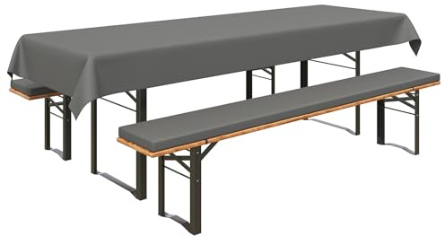 Amopatio Bierzeltgarnitur Auflagen Set 3-teilig,2 Bankauflagen gepolstert 220x25x4cm & 1 Tischdecke 255x85 cm,rutschfest,Waschbar & Faltbar für Garten, Balkon, Feste & Camping,Grau