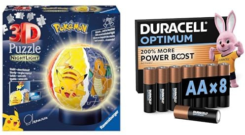 Ravensburger 3D Puzzle-Ball Pokémon LED Nachtlicht, 6+ Jahre, & Duracell Optimum AA 8 Stück, Power Boost