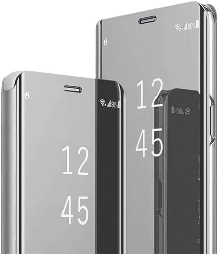 für Samsung S24 Ultra Hülle Clear View Spiegel Handyhülle für Samsung Galaxy S24 Ultra Flip Case Handytasche Schutzhülle Leder Klappbar Hard PC Stoßfest Cover Ständer Klapphülle Hüllen 5G (Silber)