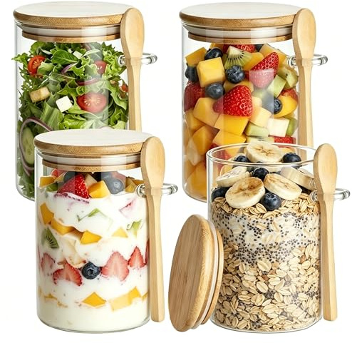 UAVAUI Overnight Oats Jar, 4 Pcs 16 Oz Glass Overnight Oats Container, Sealed Food Storage Container with Wooden Lid and Spoon, Salad Jar is Used to Store Grains, Yogurt, Fruits, Candies and Salad