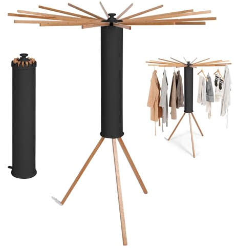 maxant Trípode de secado de ropa, tendedero de madera de pulpo, plegable y portátil, con 16 brazos para perchas, ahorro de espacio, uso en interiores y exteriores (negro)