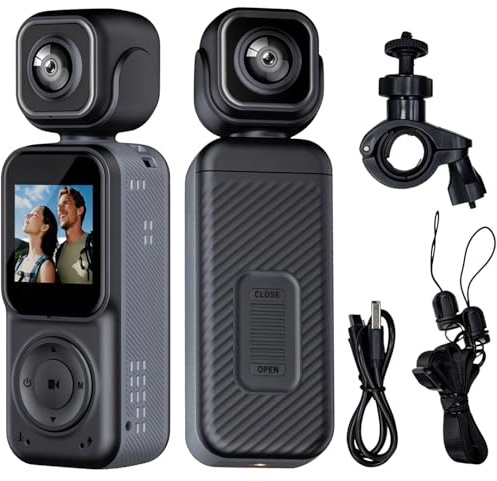4K Mini Camera Sport Rotation 180°, Action Cam Double Caméra WiFi Batterie 2000 mAh, Caméra Vlog Portable avec Écran IPS 1,5 Grand Angle 130°, Carte TF 128 Go Convient pour Sport, Motos, Voyages