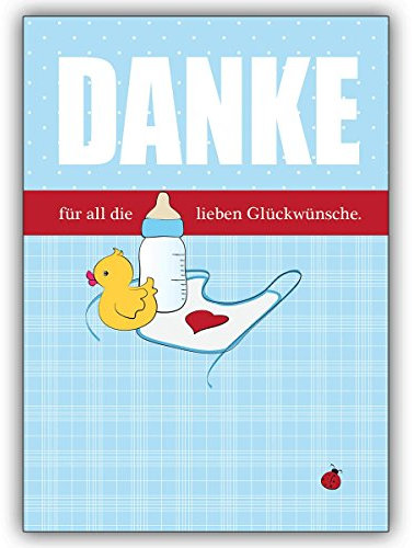 Kartenkaufrausch 10x Blaue Dankeskarte für Geschenke zur Geburt eines Jungen mit Babyflasche, Entchen • zauberhafte Danksagung für die Glückwünsche und Geschenke zur Geburt Ihres Baby's