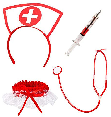 Boland 44803 - Set Sexy Krankenschwester, mit Haarreif, Stethoskop, Strumpfband und Spritzenstift, Arzthelferin, Ärztin, Beruf, Kostüm, Mottoparty, Karneval