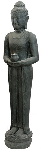 Korb-Outlet XXL Buddha-Figur Steinguss mit Kerzen-Gefäß/Riesiger stehender Steinbuddha 190cm, Stein-Figur/Skulptur für Haus und Garten