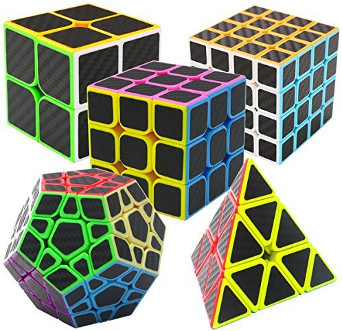 Coolzon Zauberwürfel 5 Stück Speed Cube Set Pyraminx + Megaminx + 2 x 2 + 3 x 3 + 4 x 4 Magic Puzzle Cube Würfel Carbon Faser Aufkleber in Geschenkbox für Kinder Erwachsene