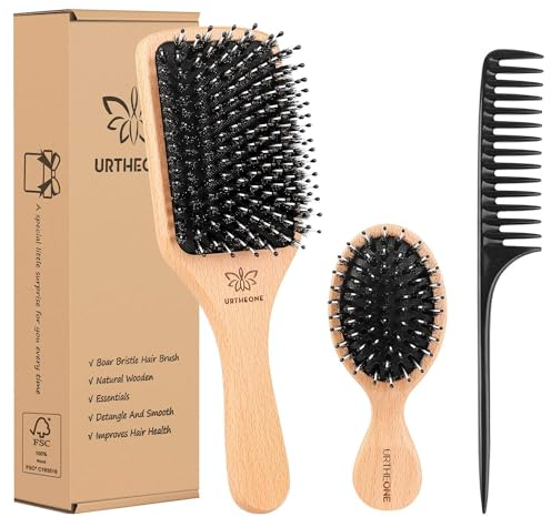 Boar Bristle Hair Brush and Comb Set for Women Men Kids, Best Natural Wooden Paddle Hairbrush and Small Travel Styling Brush for Wet or Dry Hair Detangling Smoothing Massaging