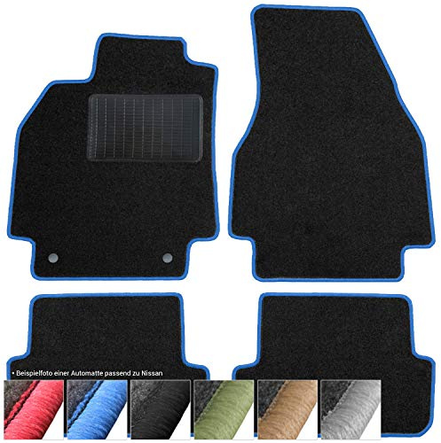moto-MOLTICO Fußmatten Auto - Velours Autoteppiche | passend für Nissan Pulsar (2014-2018) - 4-teiliges Set - Schwarze Automatten mit Blauen Ziernähten