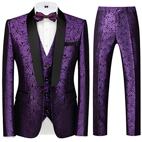 Sliktaa Herrkostym set 3 delar jacquard sjalkrage smoking, violett, 3XL