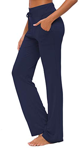 Pantalones De Yoga Para Mujer Con Bolsillos Cordón De Pierna Ancha Salón Recto Suelto Pantalones De Entrenamiento De Entrenamiento Pantalones De Chándal Casuales Activos (Azul Marino, L)