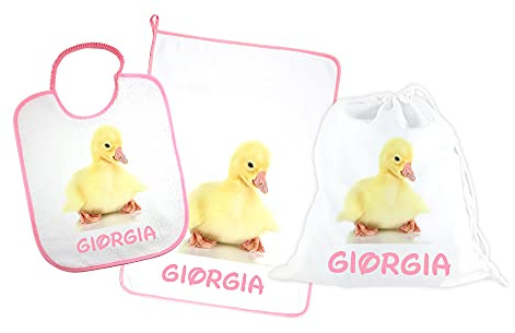 SET ASILO PERSONALIZZATO CON NOME composto da 3 pezzi: bavaglino spugna con elastico cm.27x30, asciugamano cm.40x55 e sacca PERSONALIZZATI Made in Italy - CONSEGNA TEMPESTIVA (PULCINO ROSA)