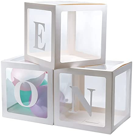 Miying Set di 3 scatole per palloncini bianchi trasparenti con lettere O N E per ragazzi e ragazze, decorazione per feste