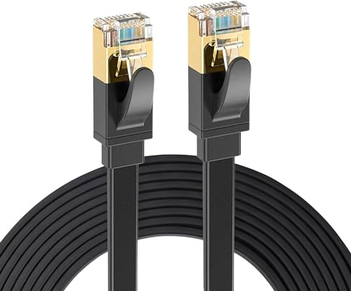 Elfcam® - 12m CAT7 Cable de Red Ethernet, Cable Plano Cat 7 STP 100% Cobre 32AWG, Cable Ethernet Network LAN 10G/s con Conector RJ45, Color Negro, 12m