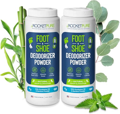 Rocket Pure Natural Foot and Shoe Deodorizer Powder, Deodorant and Odor Eliminator for Men and Women, Smell Remover, Formulated with Essential Oils, Made in the USA, Eucalyptus, 4 oz, (Pack of 2)