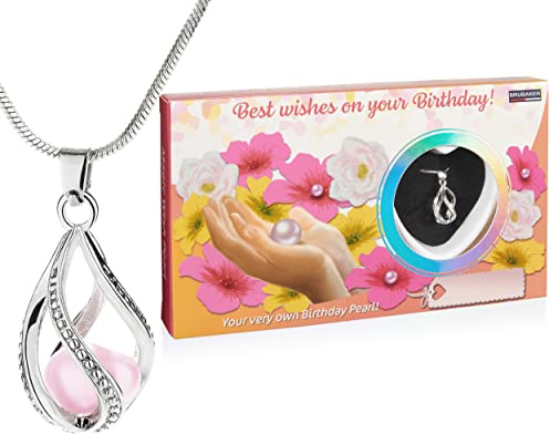 BRUBAKER Cuenta de Deseos Happy Birthday - Collar con Colgante de Plata + Concha con Perla Real como Set de Regalo para Amigos y Familiares