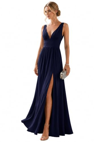Ever-Pretty Vestido de Gala Largo para Mujer sin Respaldo Elástico Escote V Profundo Corte Imperio Abertura Elegantes Azul Marino 50