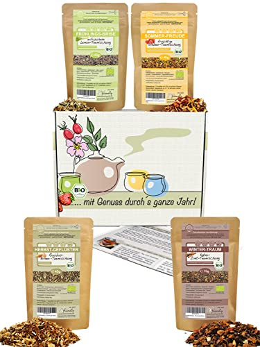 direct&friendly Bio Tee Geschenkset für Teeliebhaber 4 Jahreszeiten mit 4 ausgefallenen losen Bio Tees für jede Jahreszeit