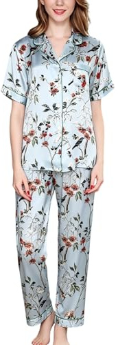 DISSA Damen 100% Seide Verkürzte Hose Kurzarm Pyjama Set,Blau,42