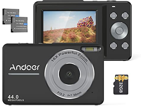 Andoer Digital Camera with 2pcs Rechargeable Batteries 32GB Memory Card 1080P 44M HD 16X Digital Zoom Anti-shake Auto Focus 2.5 IPS Screen Smile LCD Screen for Kids Children Holiday