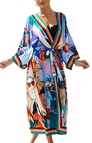 YouKD Lång kaftan för kvinnor, sommarklänning, lång maxiklänning i bohemisk stil, täckande överdragsklänning, rymlig kimono, strandklänning, morgonrock, en storlek, one size