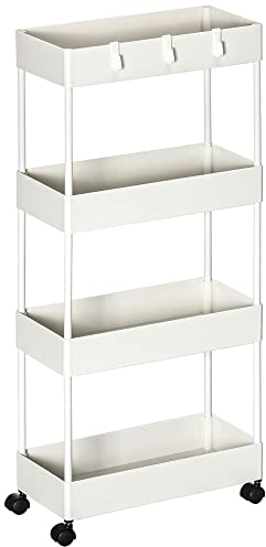 HOMCOM Rollwagen, Küchenwagen mit 4 Ebenen, Aufbewahrungsregal mit Rollen, Servierwagen mit Bremsen, Küchenregal für Schlafzimmer, Küche, Wohnzimmer, Kunststoff, Weiß, 40 x 19 x 90 cm