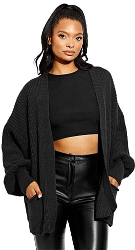 GirlzWalk® Women’s Knitted Open Front Boyfriend Cardigan - Ladies 2 Pockets Knit Oversized Balloon Sleeve Slouchy Sweater Top (Black, 8/10)