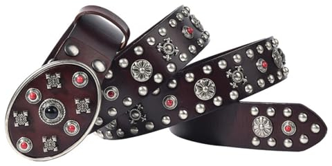NALANY Herren Damen Nietengürtel 3 Reihe Edelsteine Geschnitztes Blumen Nieten Echtleder Gürtel 105cm-125cm Länge Punk Rock Style Ledergürtel(105cm/41, Coffee)