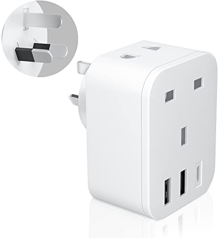Unidapt UK to Australia Plug Adapter, 3 USB Ports, 20W PD Type C, Type I | Shaver plug input; grounded Australian power adapter for AU NZ China Fiji Argentina