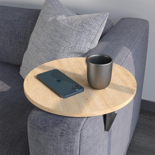 Couch-Tablett Armlehne, Einstellbarer Sofa-Tablett, Getränkehalter, spezielles Design praktischer Metallhalterung, Sitzgarnitur Ablage, Durchmesser ⌀ 35 cm (Eiche)