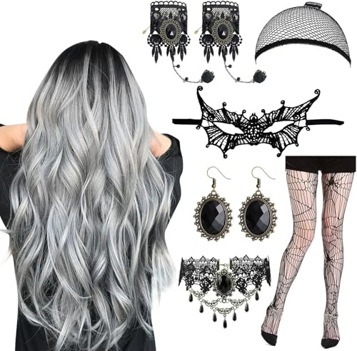 Halloween Kostüm 7-Teiliges Set mit Grau Lange Wellte Lockige Haare 70cm, Gotischer Halskette Armbändern und Ohrring, Augenmasken, Haarband, Strümpfe, für Halloween Karneval, Fasching, Mottoparty