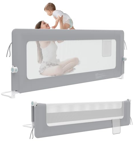 HENGMEI Rausfallschutz Bett 200 cm Bettgitter Bettschutzgitter Kinderbettgitter Zusammenklappbar um 180 Grad Babybett Umrandungen Luftiges Netz Höhenverstellbar Schutzgitter Bett (Grau)