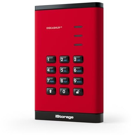 iStorage diskAshur3 HDD 5TB Rot – Sicheres tragbares Festplattenlaufwerk – Passwortgeschützt – Staub- und wasserresistent – Hardware-Verschlüsselung